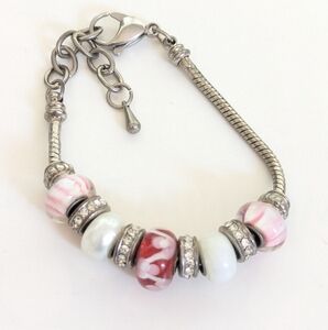 Trendy Silver Tone Murano Style Floral Glass Bead Rhinestone Slide Bracelet